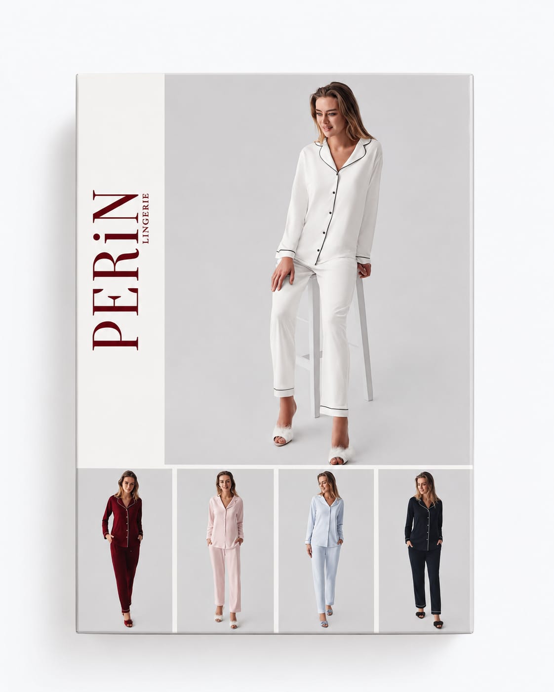 Beş farklı renk seçeneğiyle Perin ikili penye pijama takımı kutu tasarımı